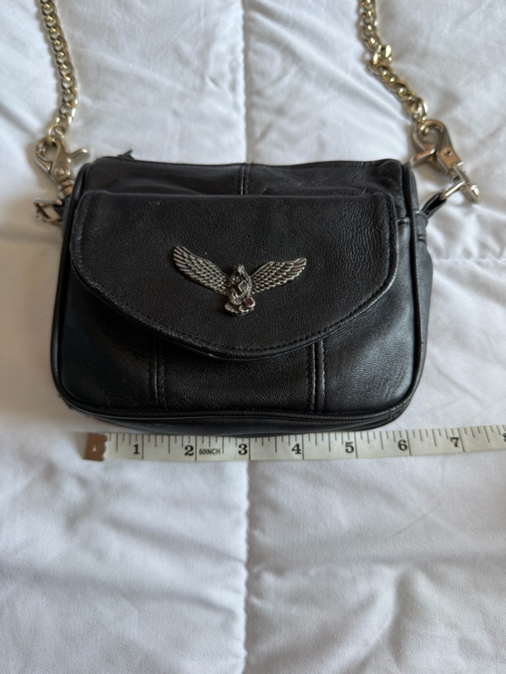 Vintage Y2K Black Faux Leather Crossbody Bag Silver Eagle Chain Strap - Picture 7 of 8